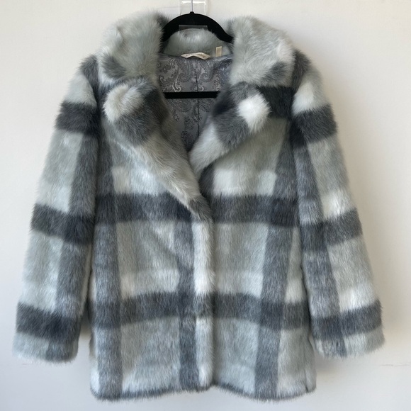 Soft Surroundings Plaid Faux Fur Coat Grey and White size XS - Picture 2 of 6